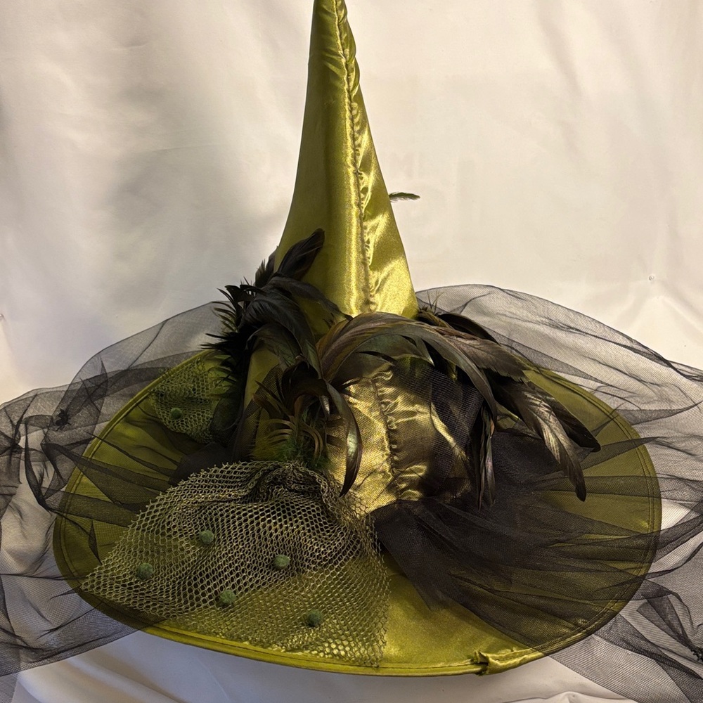 GENTLY WORN STUNNING ELEGANT GREEN & BLACK HAT WITH FEATHERS DETAIL - COSTUME